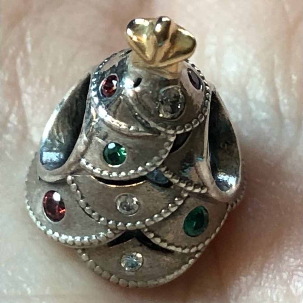 Retired Pandora Sterling Silver and 14k Gold Christmas Tree Festive Charm - Picture 2 of 4